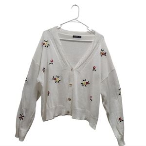 Shein Curve Floral Embroidered White Cropped Cardigan Plus 3XL